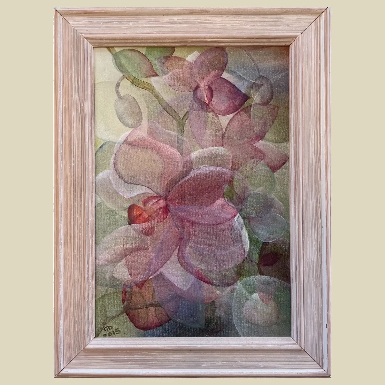 A semi-stylised modern realism painting of orchid flowers