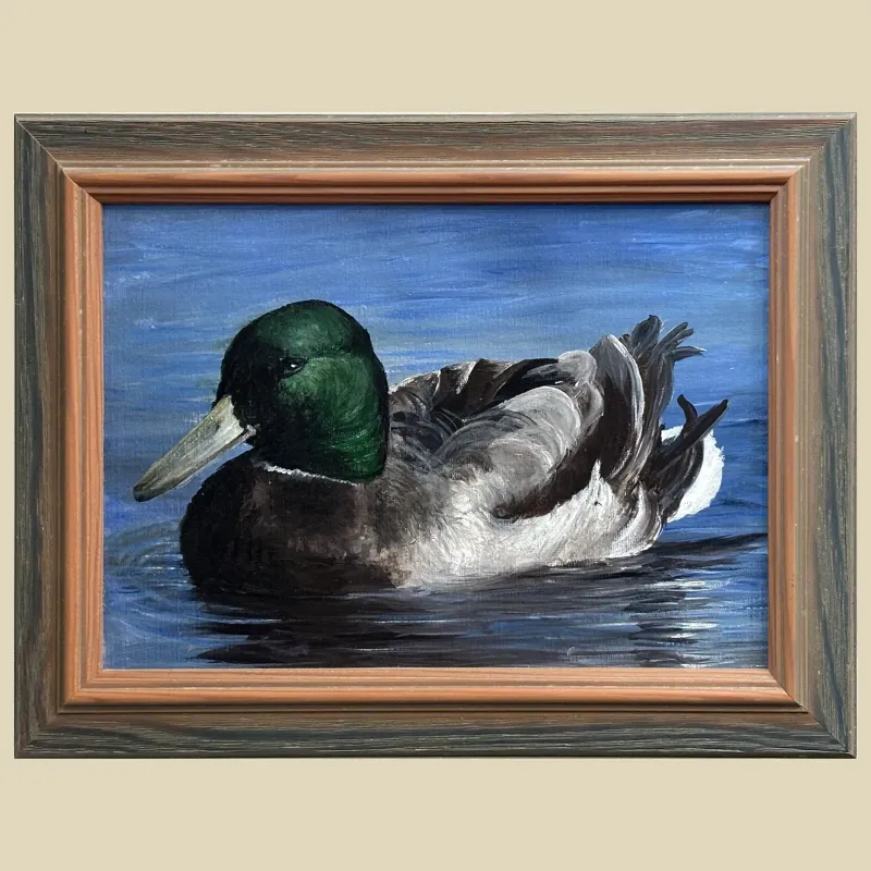 A detailed acrylic painting of a Mallard duck