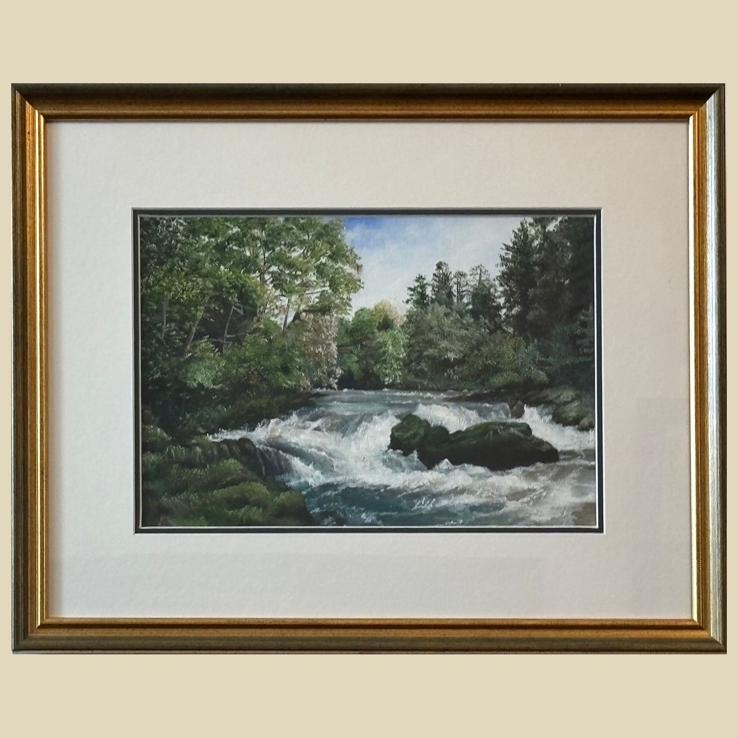 Original Acrylic Painting: “Henllan Falls” – Captivating River Artwork painted on canvas board in natural greens and blues