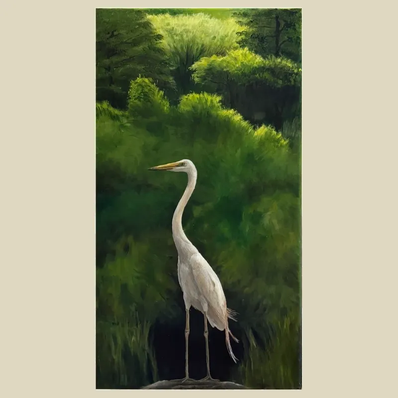 A detailed painting of a heron by the river-side
