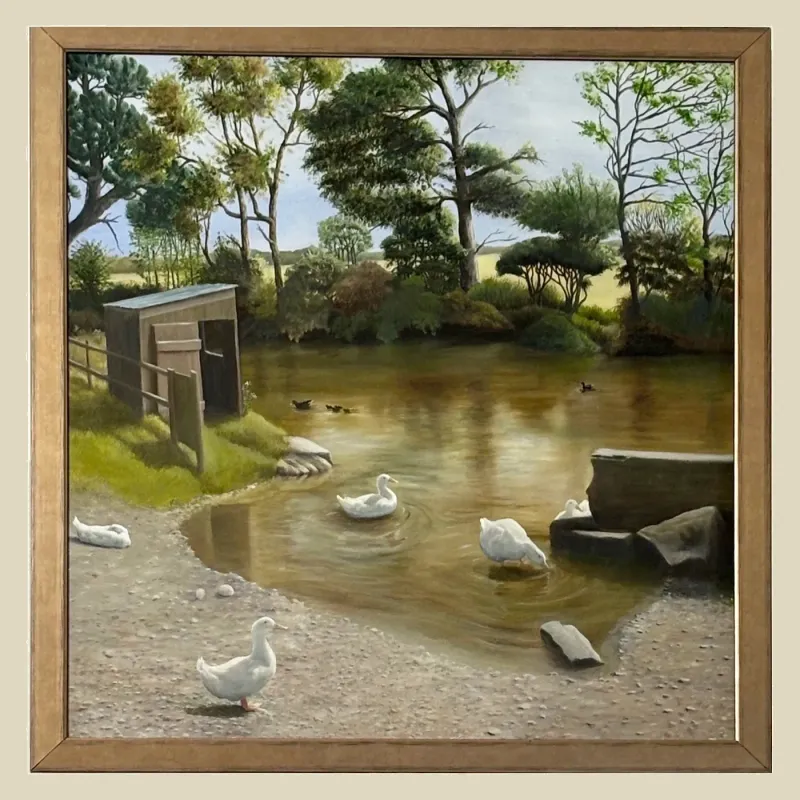 A large painting of geese at a pond