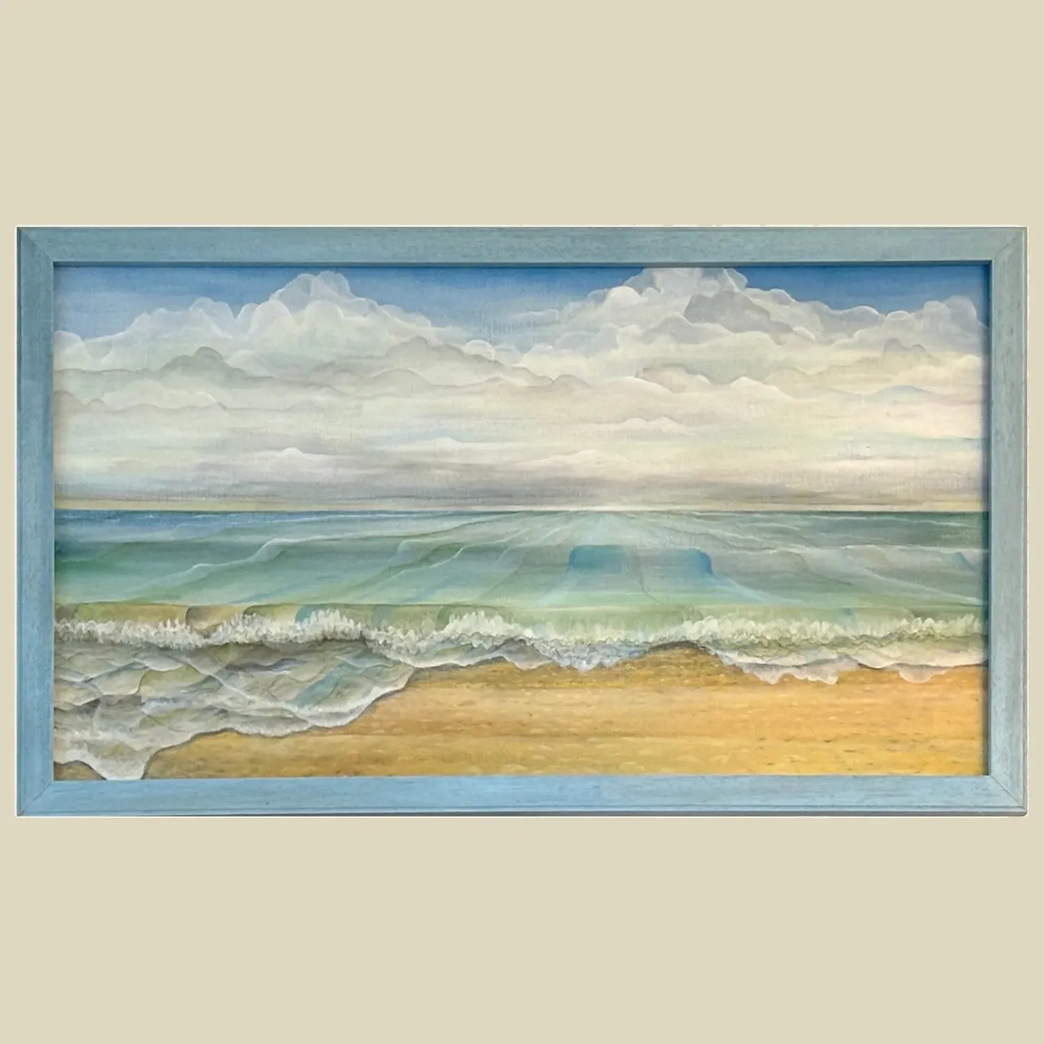 A large original semi abstract oil painting of waves at the sea's edge.