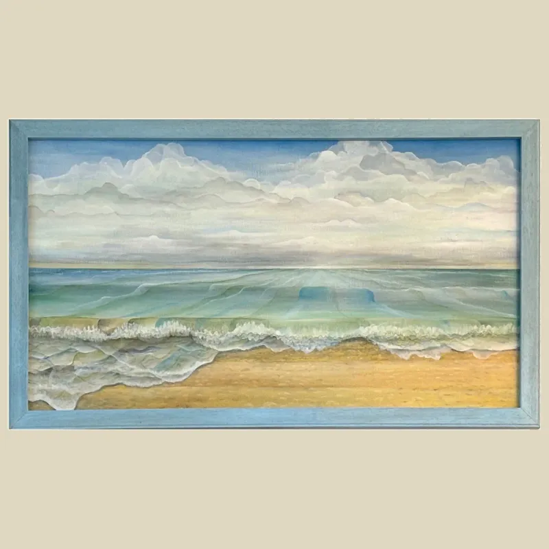 A large original semi abstract oil painting of waves at the sea's edge.