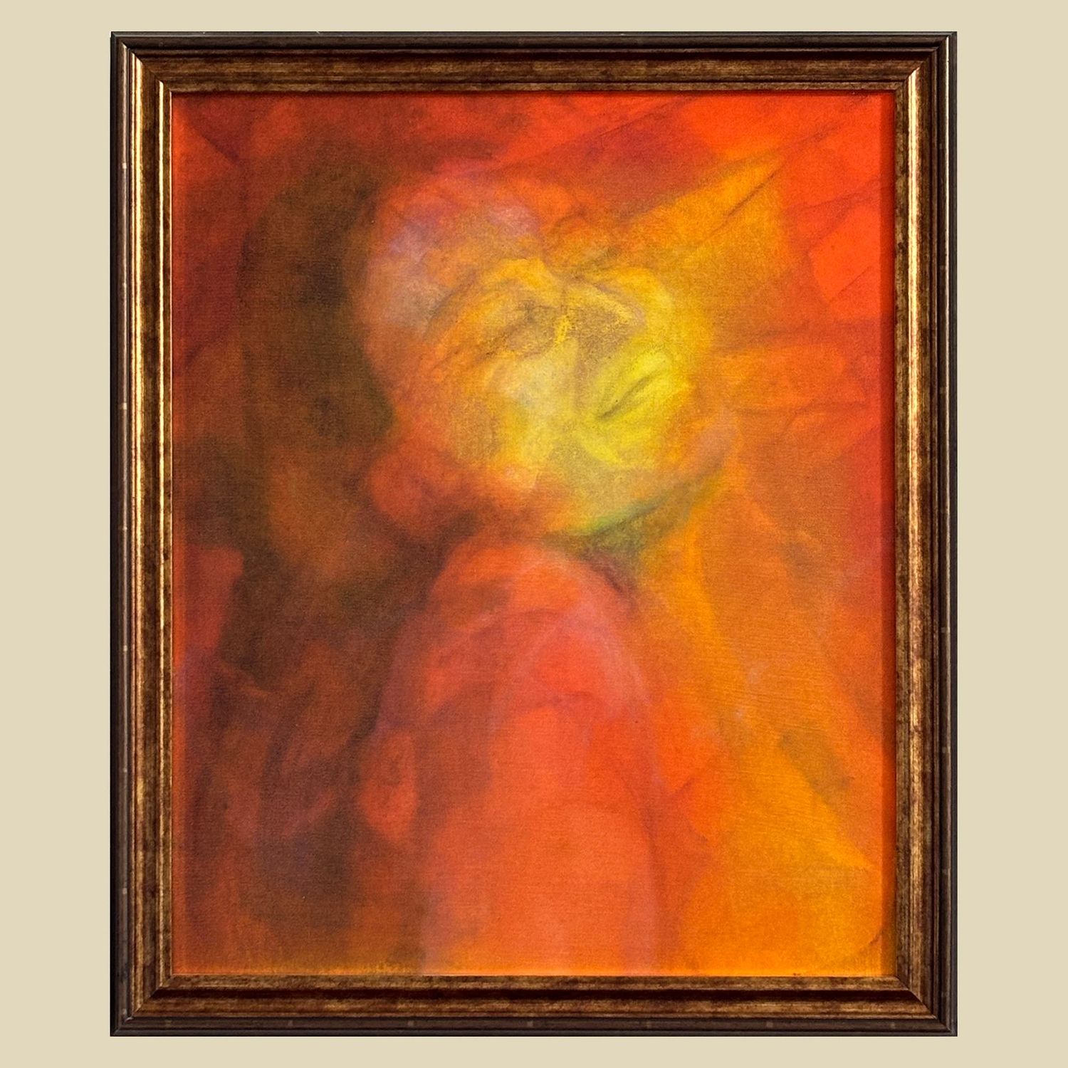 A semi-stylised modern realism painting of a woman in oranges, browns and yellows