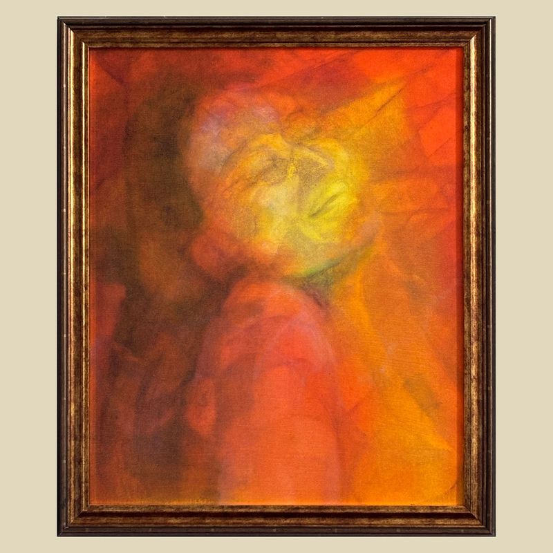 A semi-stylised modern realism painting of a woman in oranges, browns and yellows