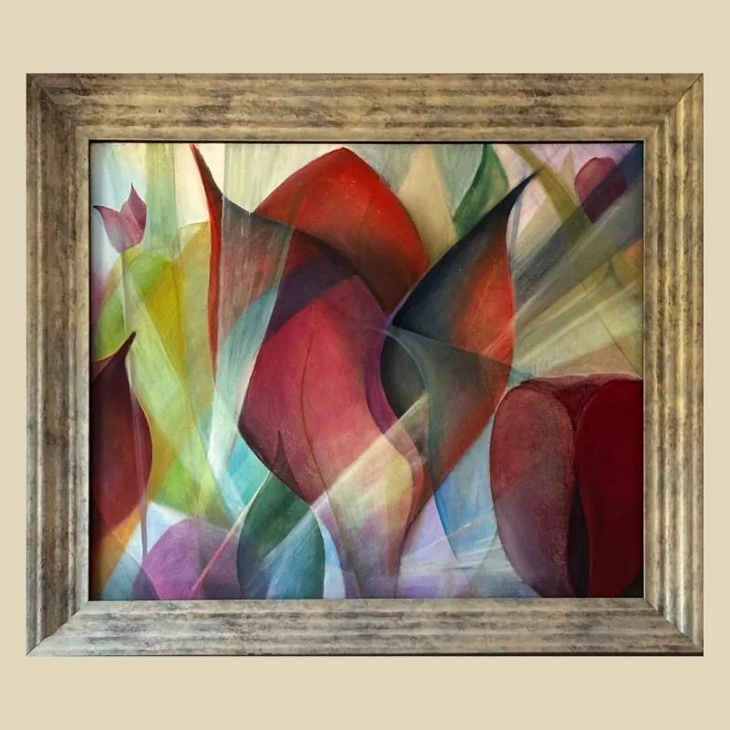 A beautifully framed semi abstract painting of a tulip 