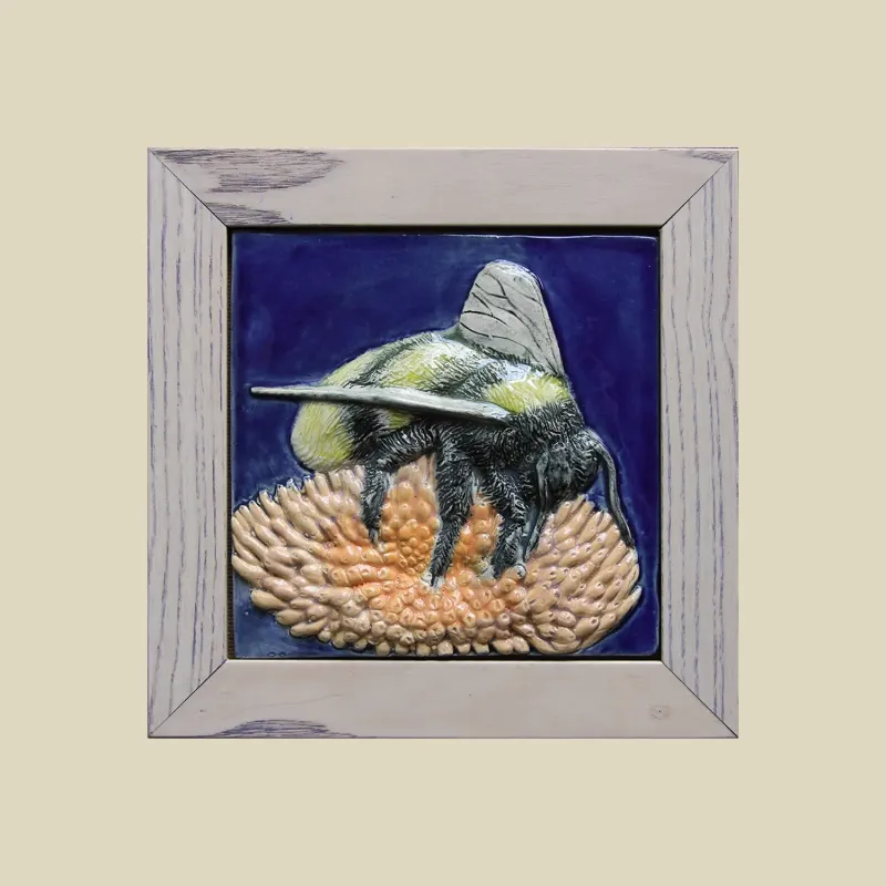 framed 15cm ceramic tile titled 'Bee on Aster 375' yellow, orange and navy blue