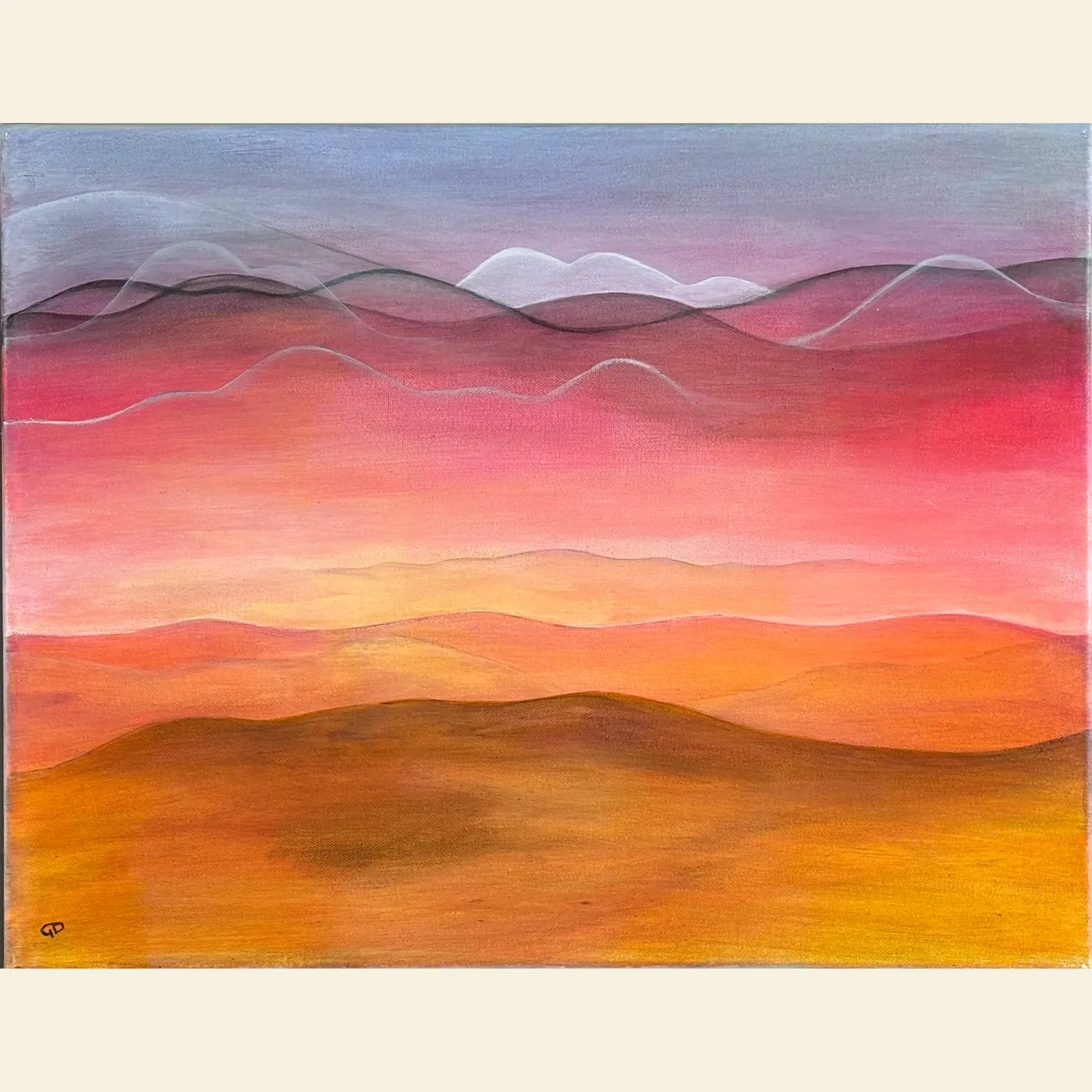 A semi-abstract original oil painting of a​ landscape in reds