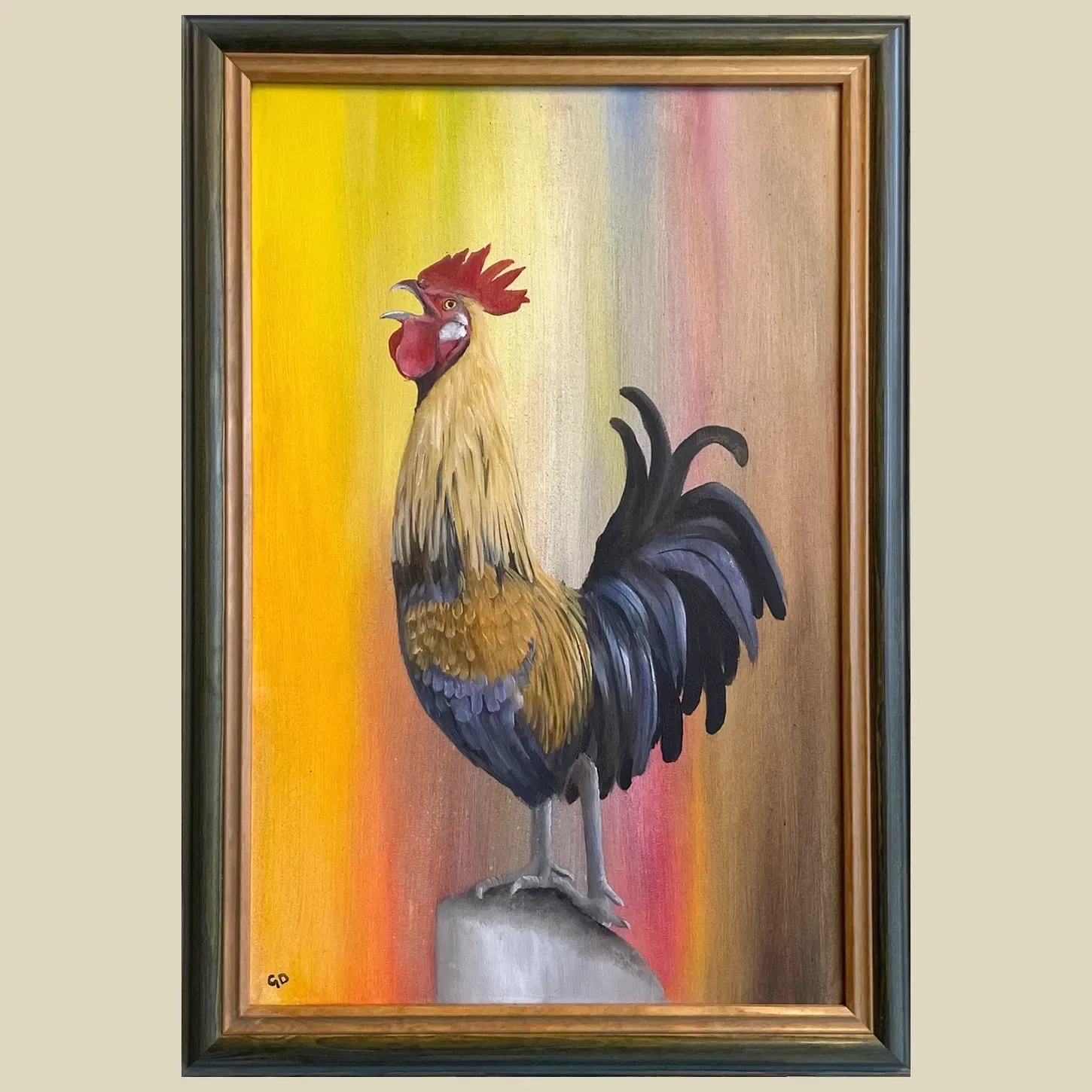 Colours of Morning Original oil painting of a crowing cockerel in warm yellows and reds