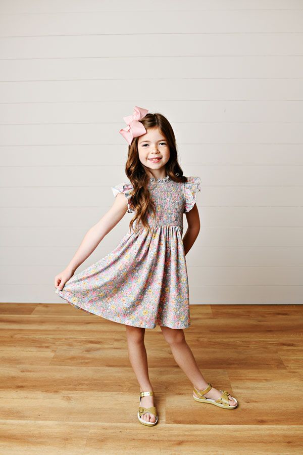 Blue Floral Smock Flutter Dress