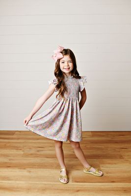 Blue Floral Smock Flutter Dress