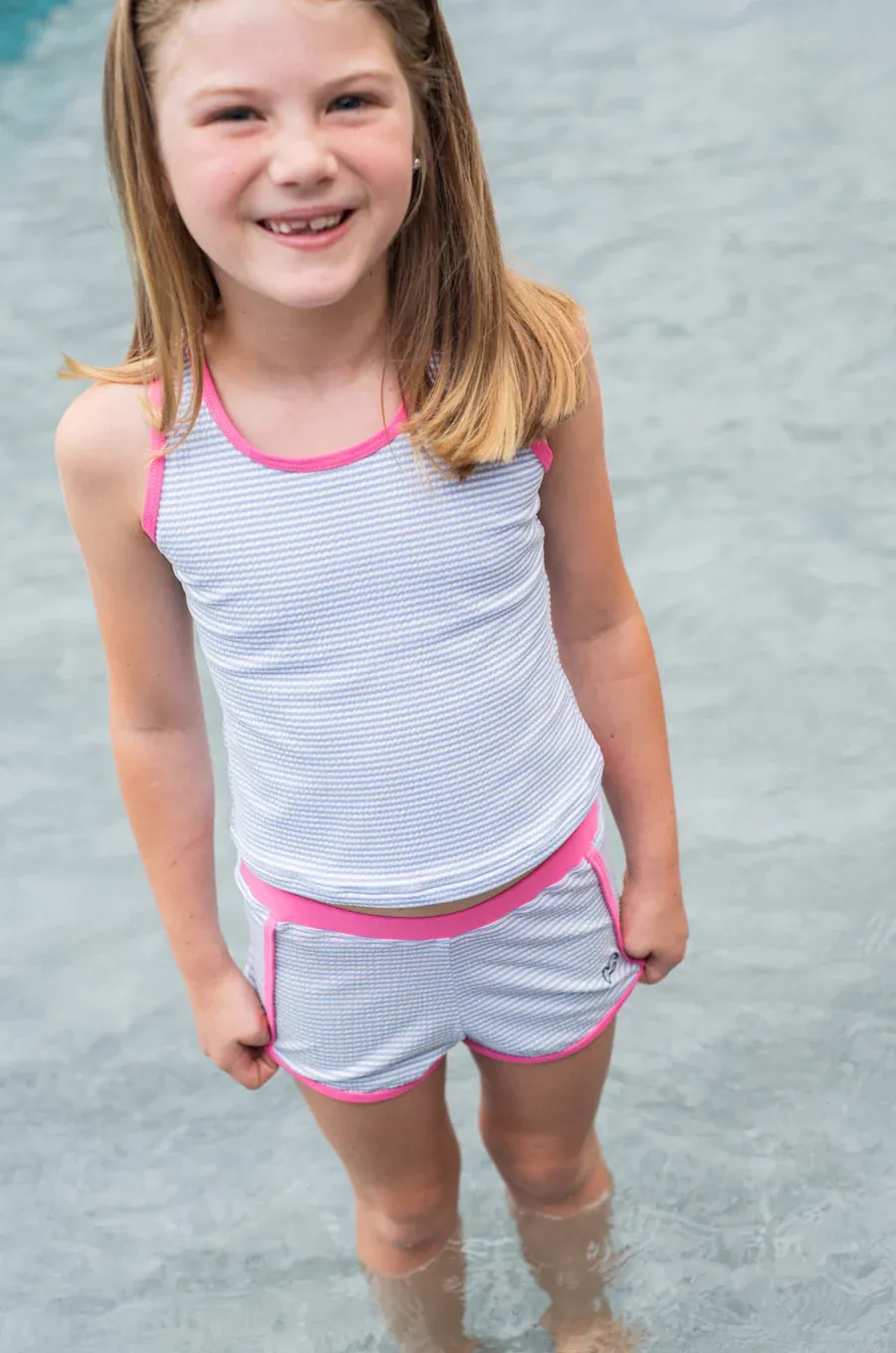 Blue Seersucker/Pink Seaside Tankini Set