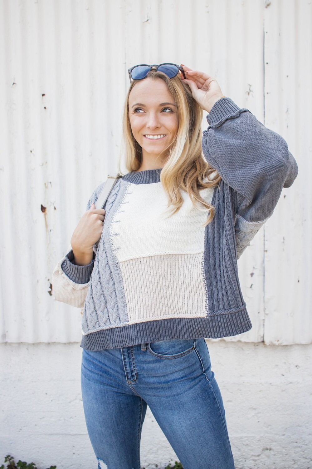 Grey and Navy Color Block Sweater 
