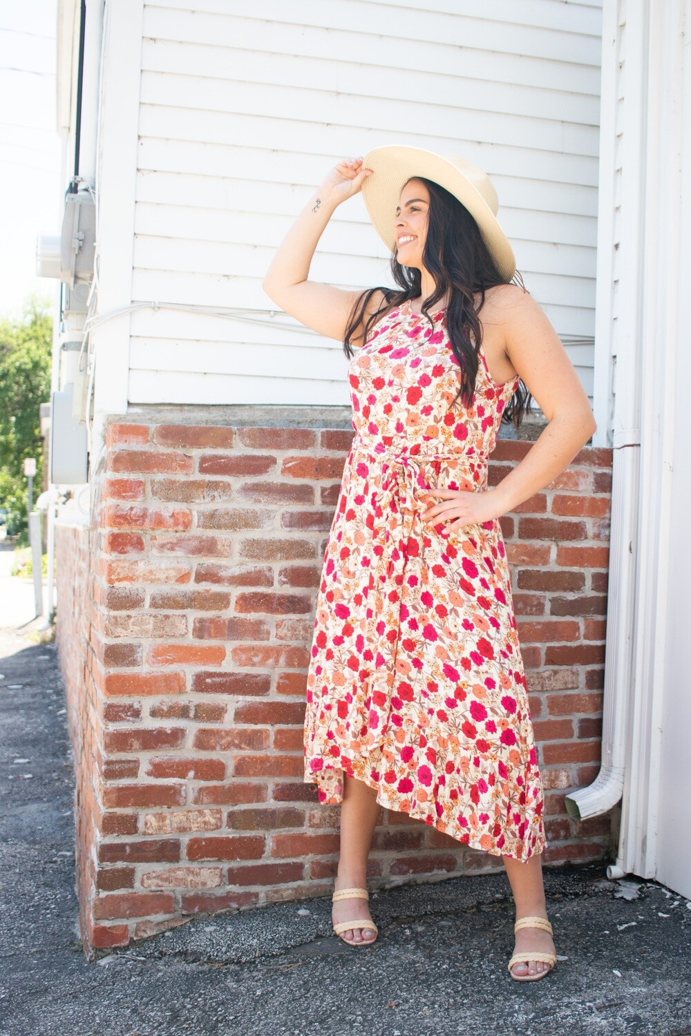 Taupe Red Floral Wrap Midi Dress