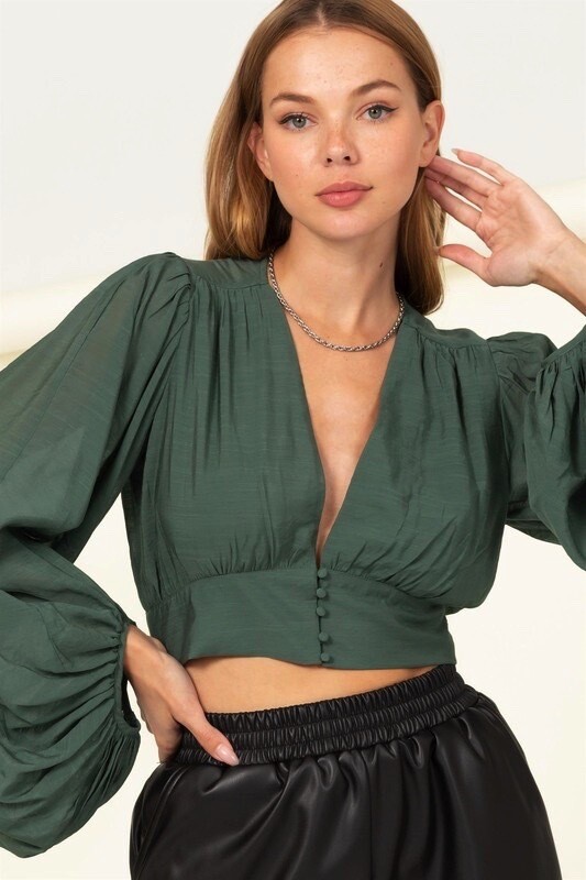 Teal Button-Front Crop Top