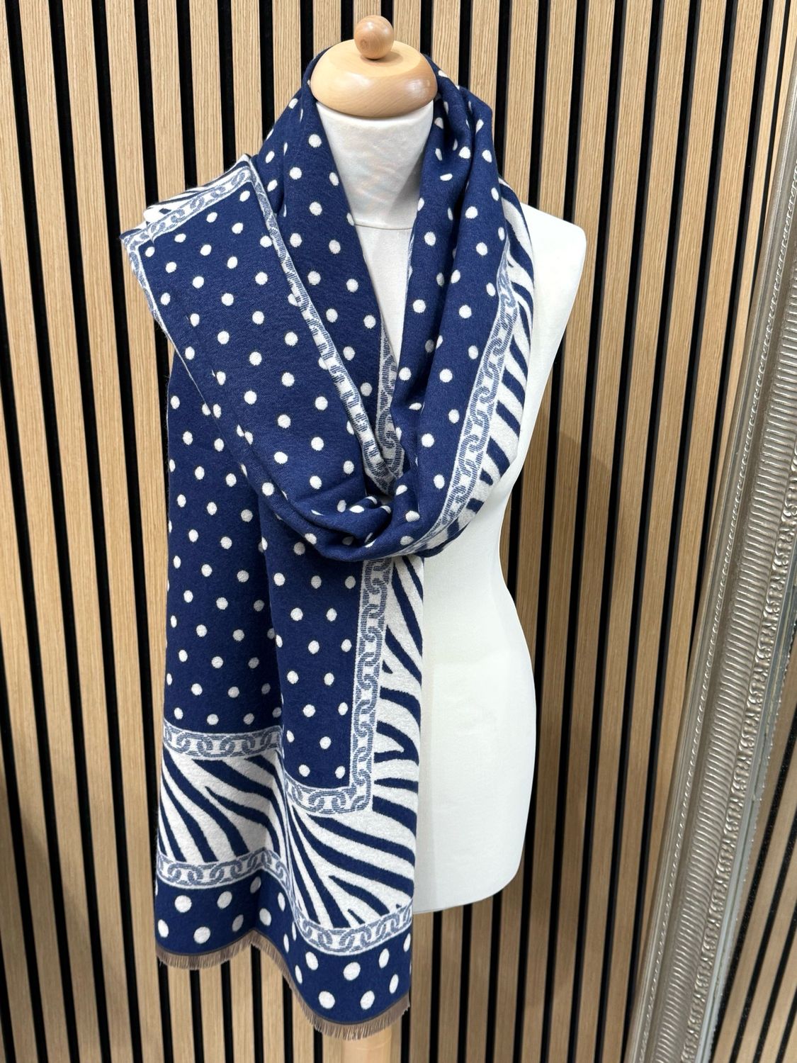 Reversible Navy &amp; Cream Polka Dot Print Scarf