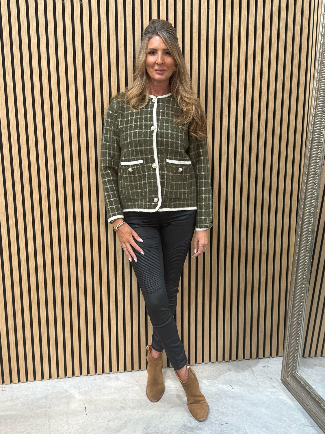 Sofia Checked Knit Jacket Khaki