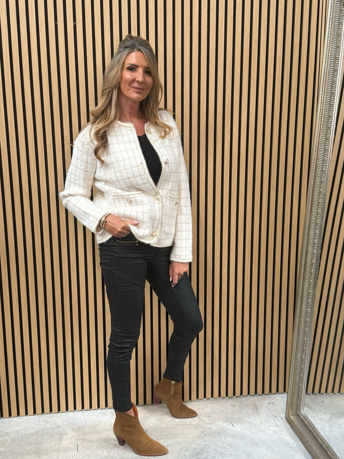 Sofia Checked Knit Jacket Cream