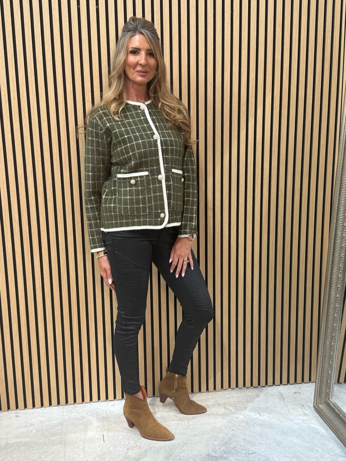 Sofia Checked Knit Jacket Khaki