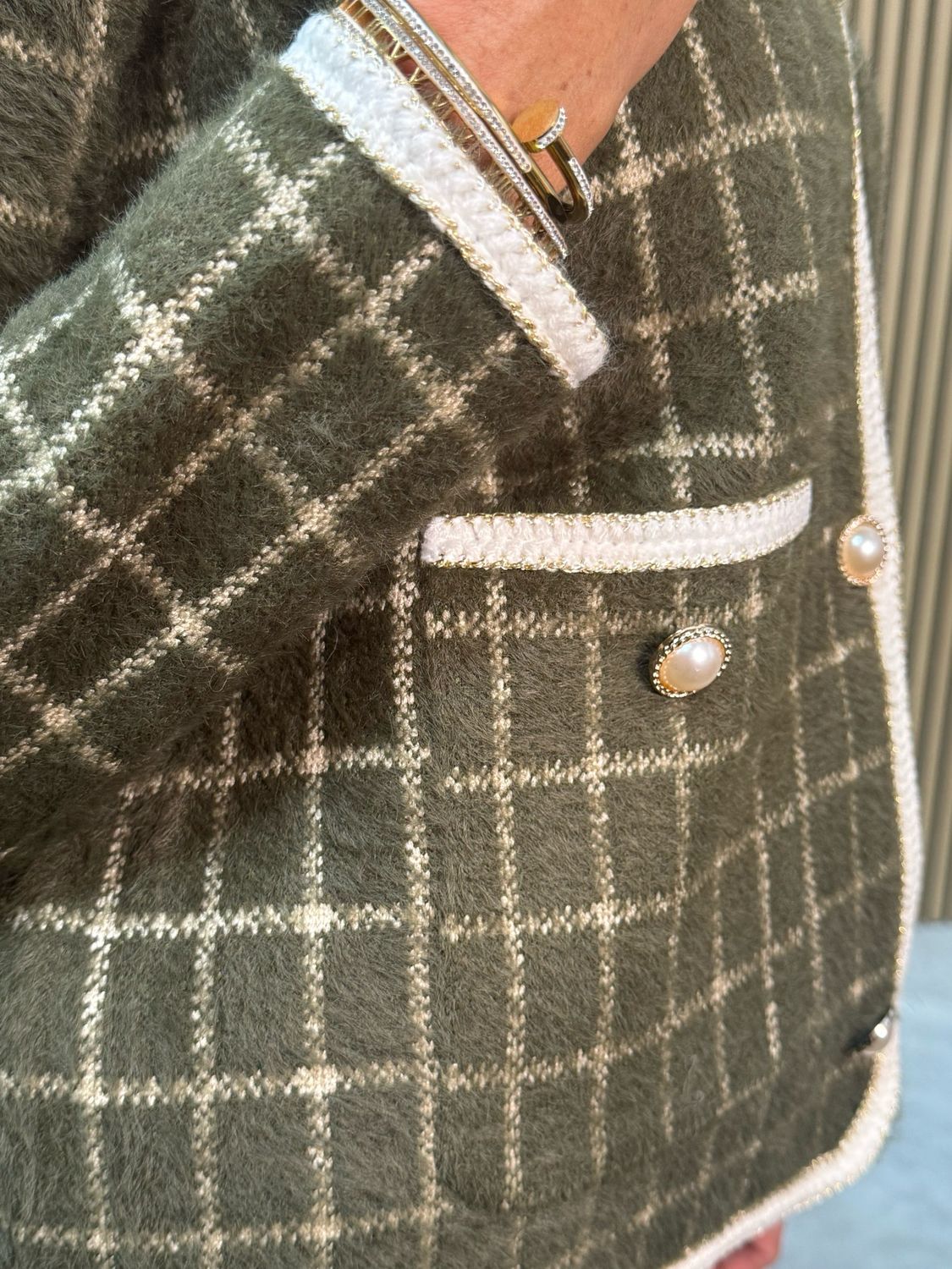 Sofia Checked Knit Jacket Khaki