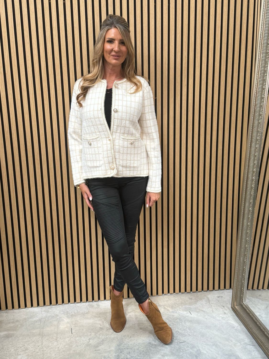 Sofia Checked Knit Jacket Cream