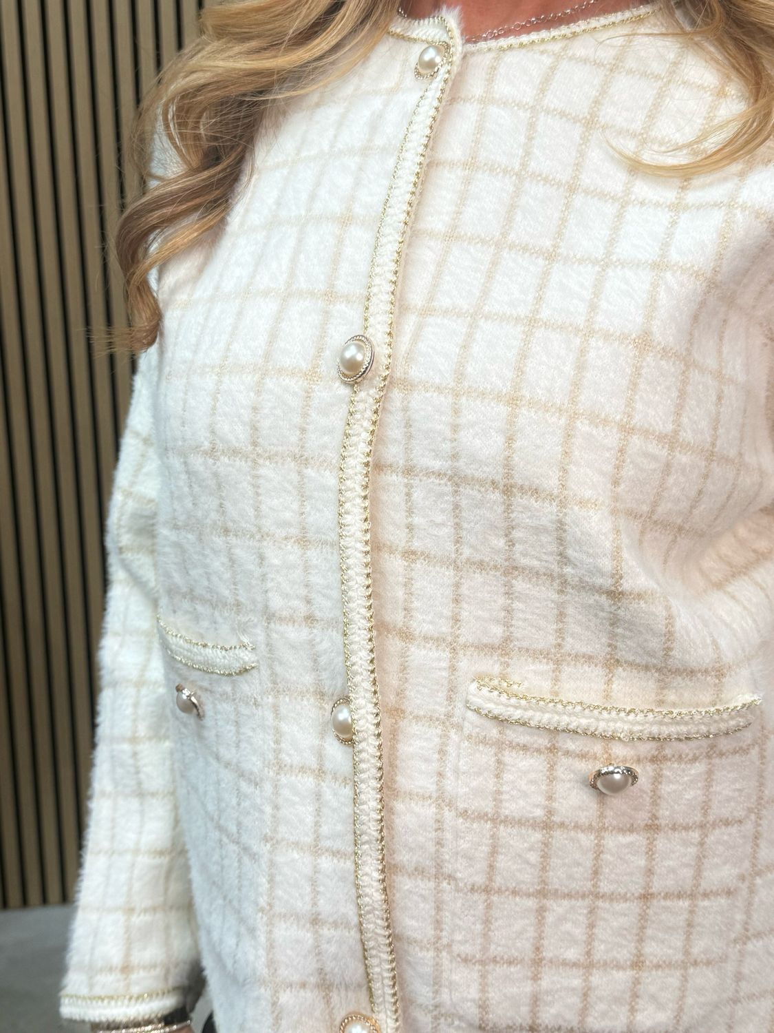 Sofia Checked Knit Jacket Cream