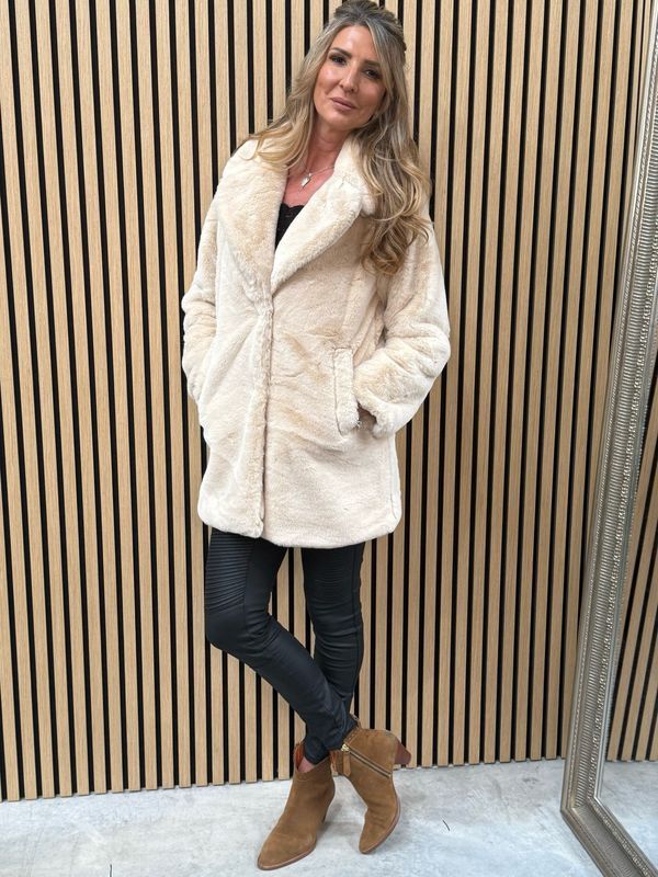 Faux Mid Length Fur Coat Cream