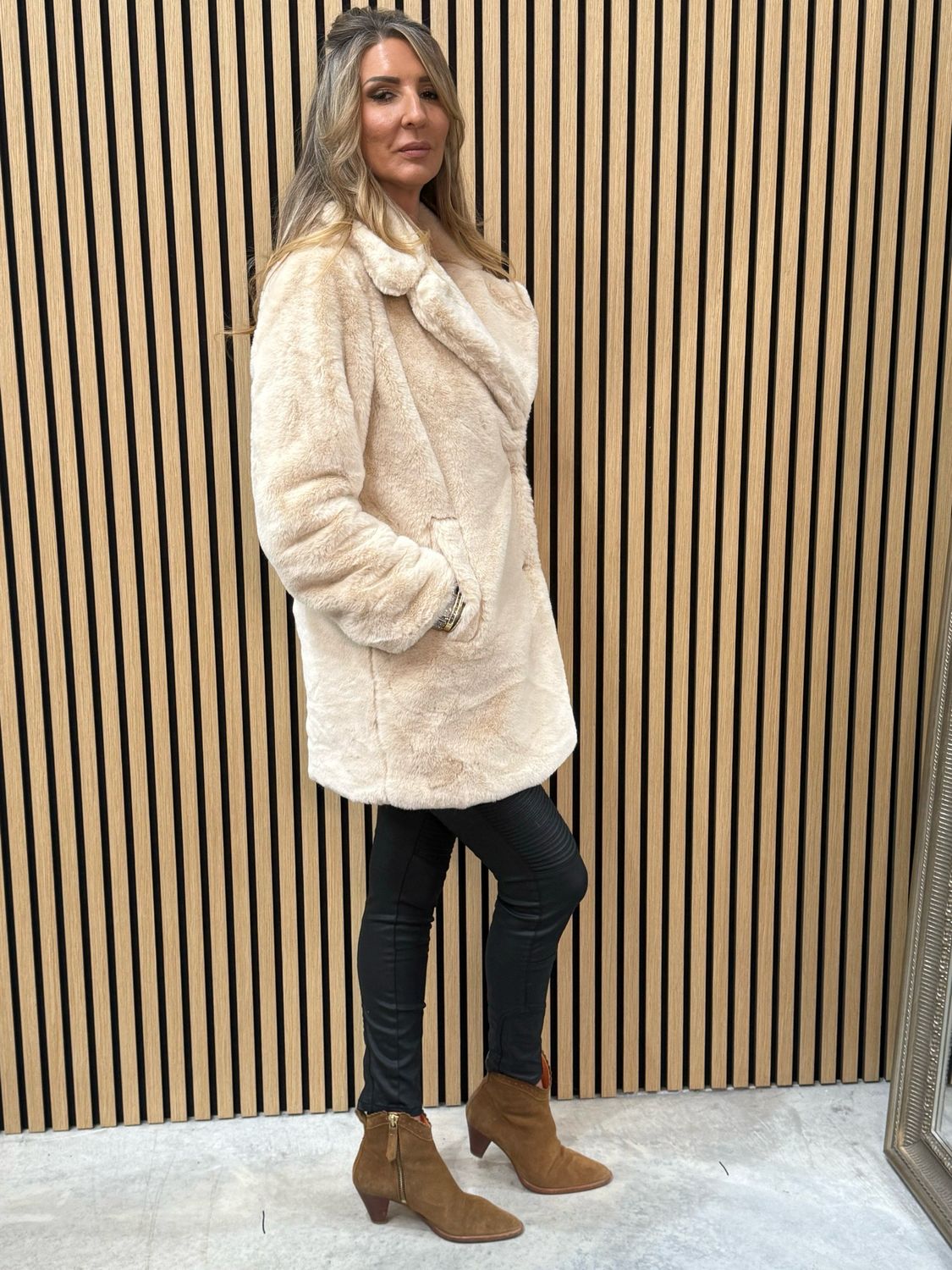 Faux Mid Length Fur Coat Cream