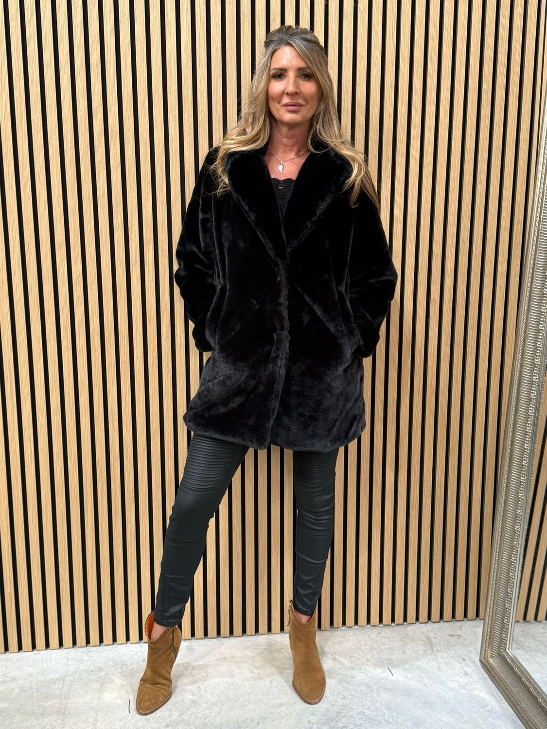 Faux Mid length Fur Coat Black