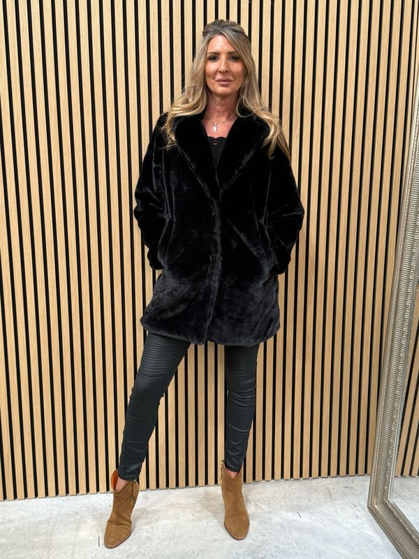 Faux Mid length Fur Coat Black