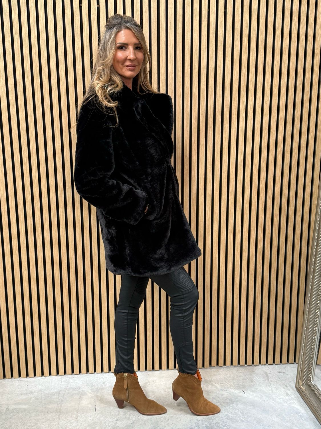 Faux Mid length Fur Coat Black