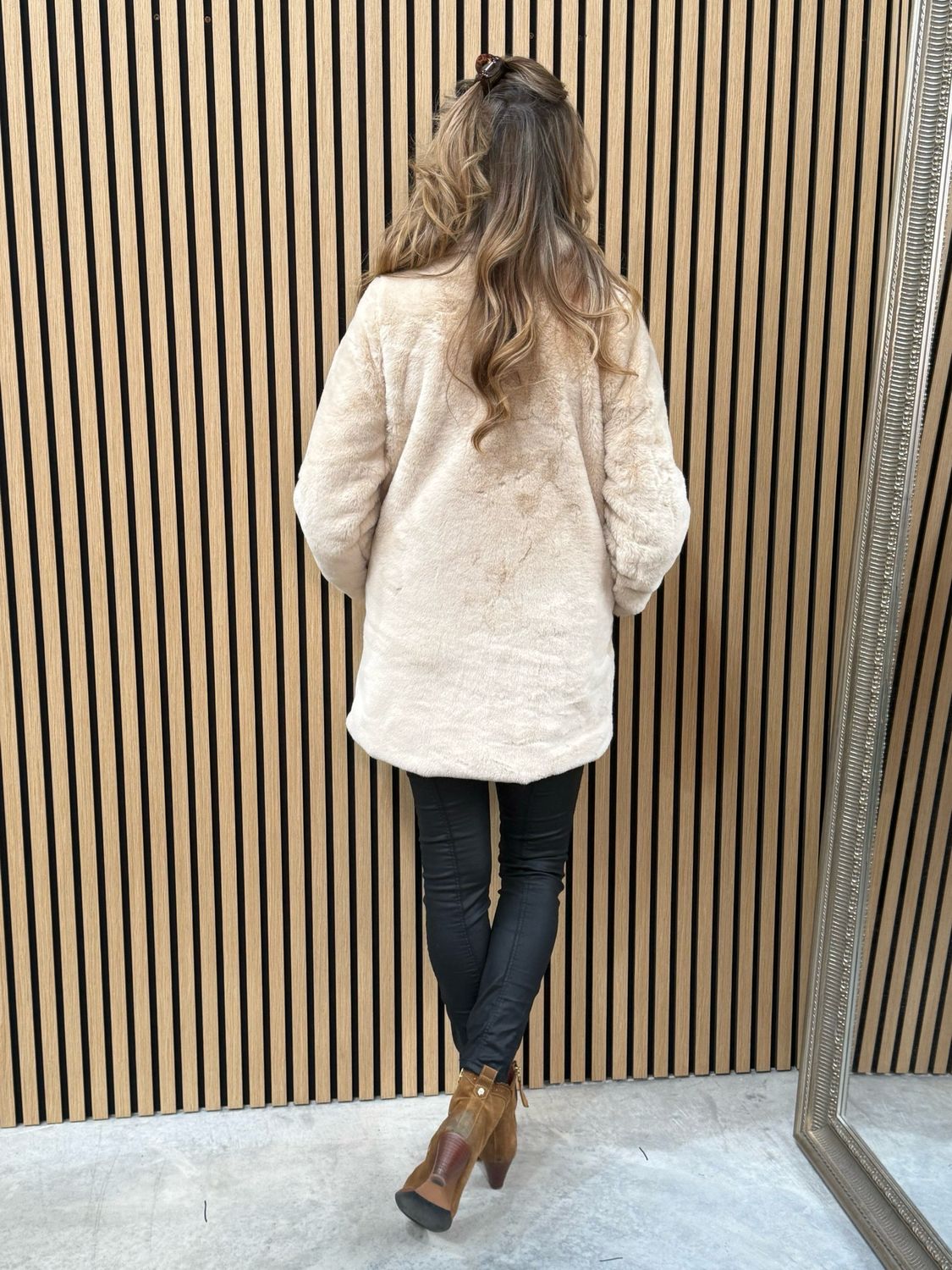 Faux Mid Length Fur Coat Cream