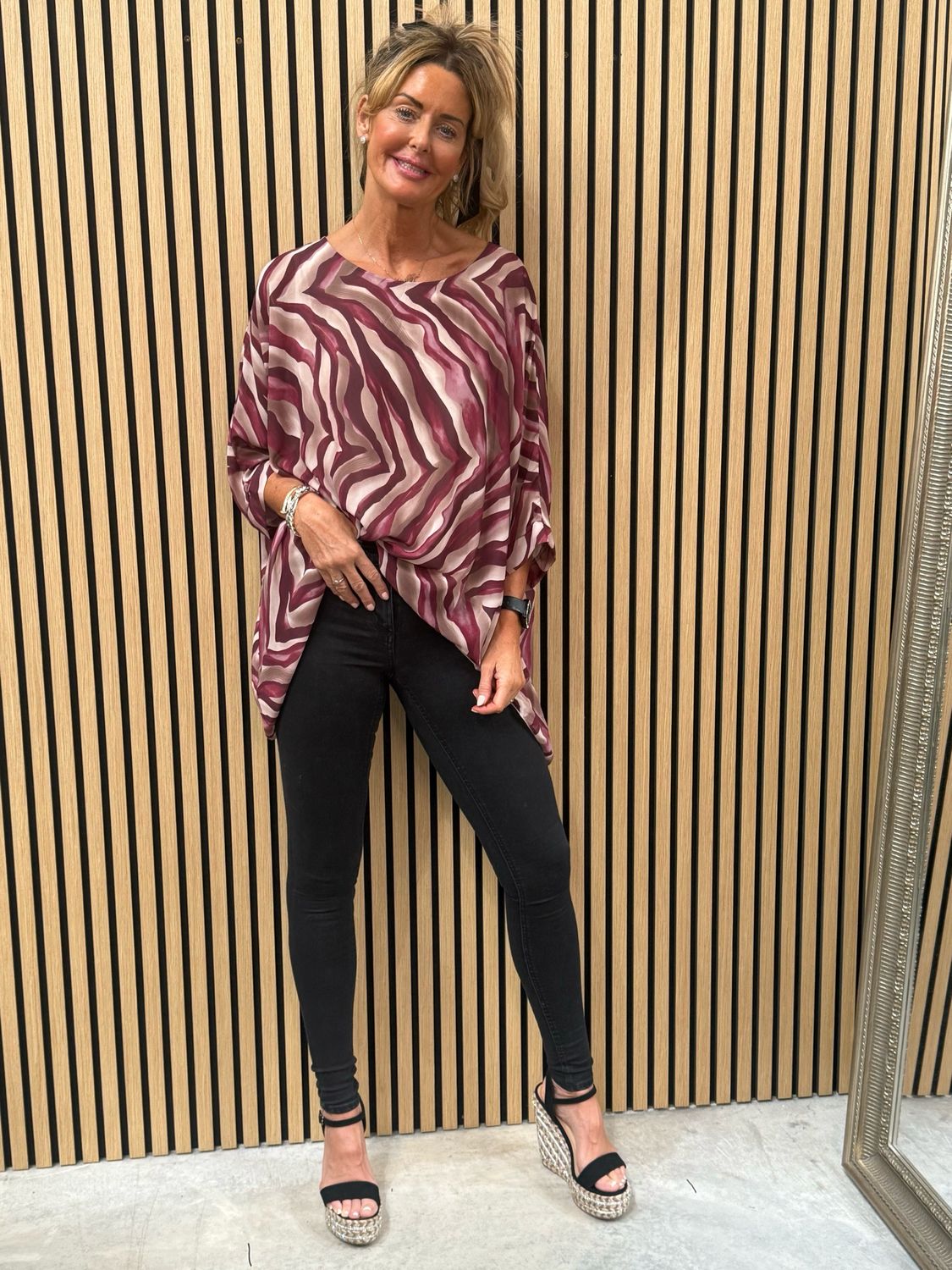 Serafina Flowing Layered Batwing Top Burgundy &amp; Taupe