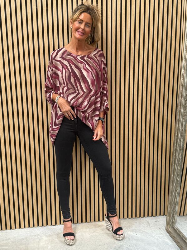 Serafina Flowing Layered Batwing Top Burgundy &amp; Taupe