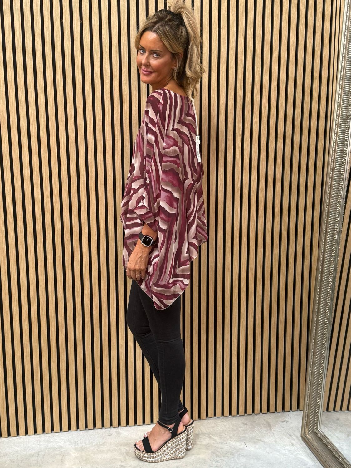 Serafina Flowing Layered Batwing Top Burgundy &amp; Taupe