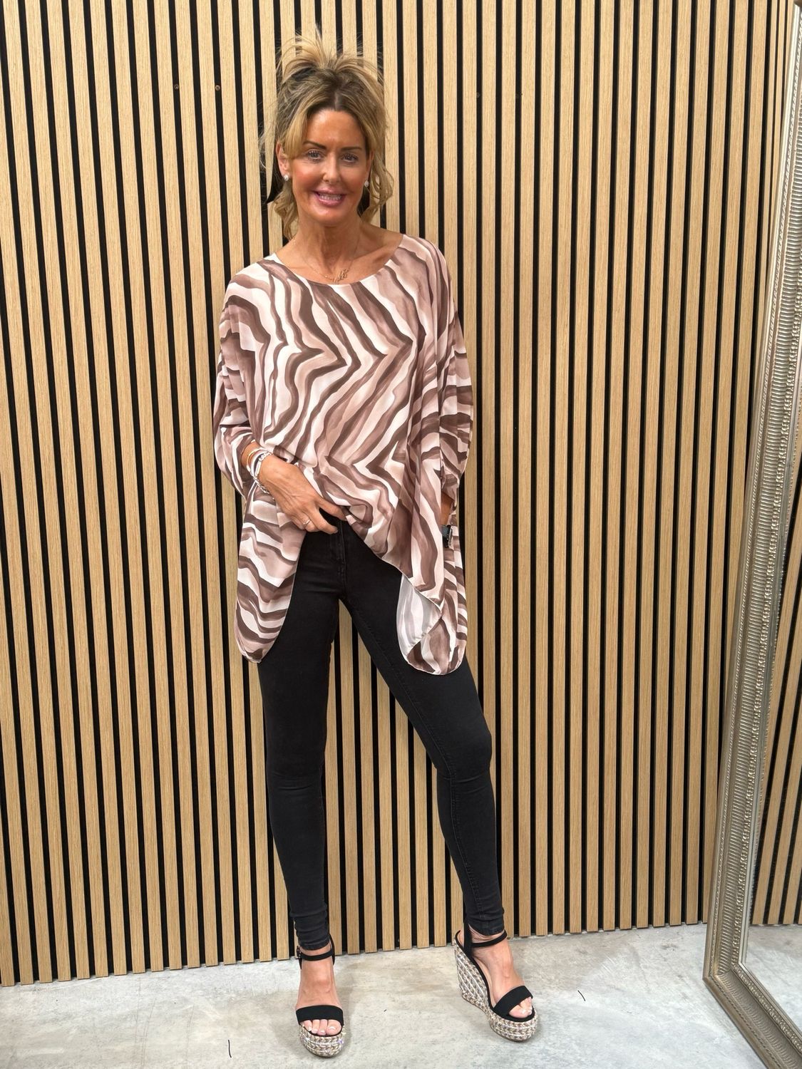Serafina Flowing Layered Batwing Top Taupe &amp; Beige