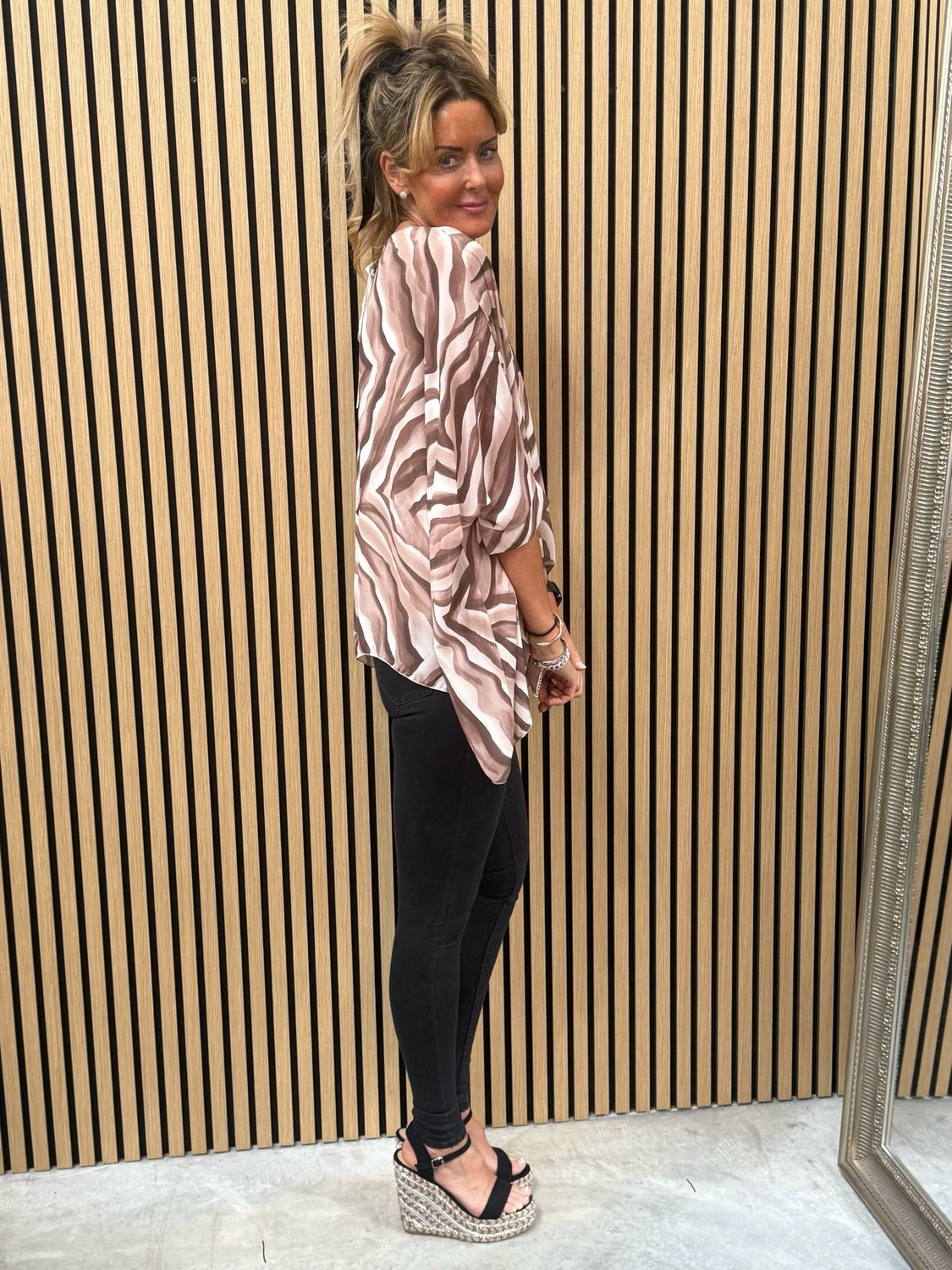 Serafina Flowing Layered Batwing Top Taupe &amp; Beige