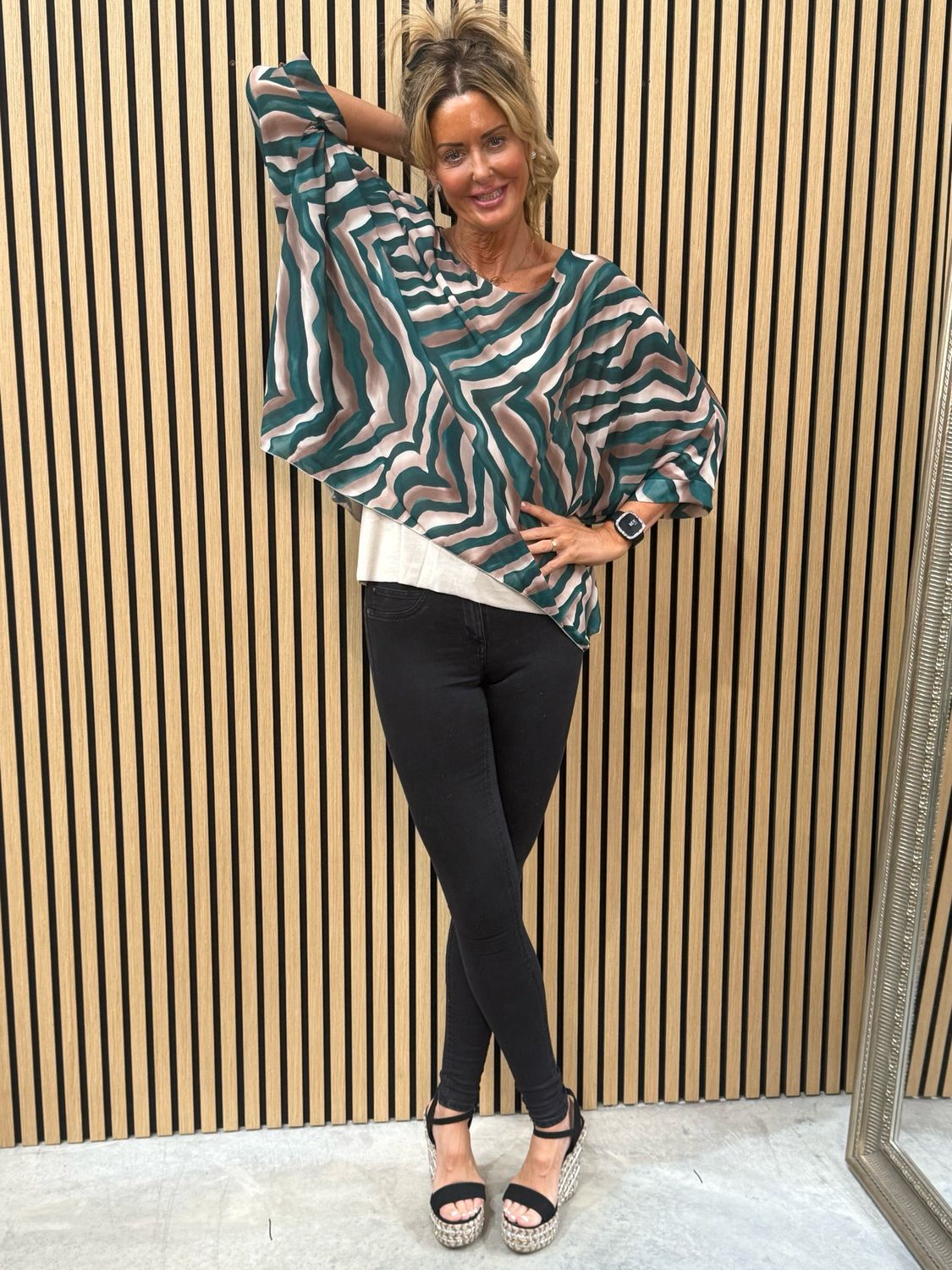 Serafina Flowing Layered Batwing Top Green &amp; Taupe
