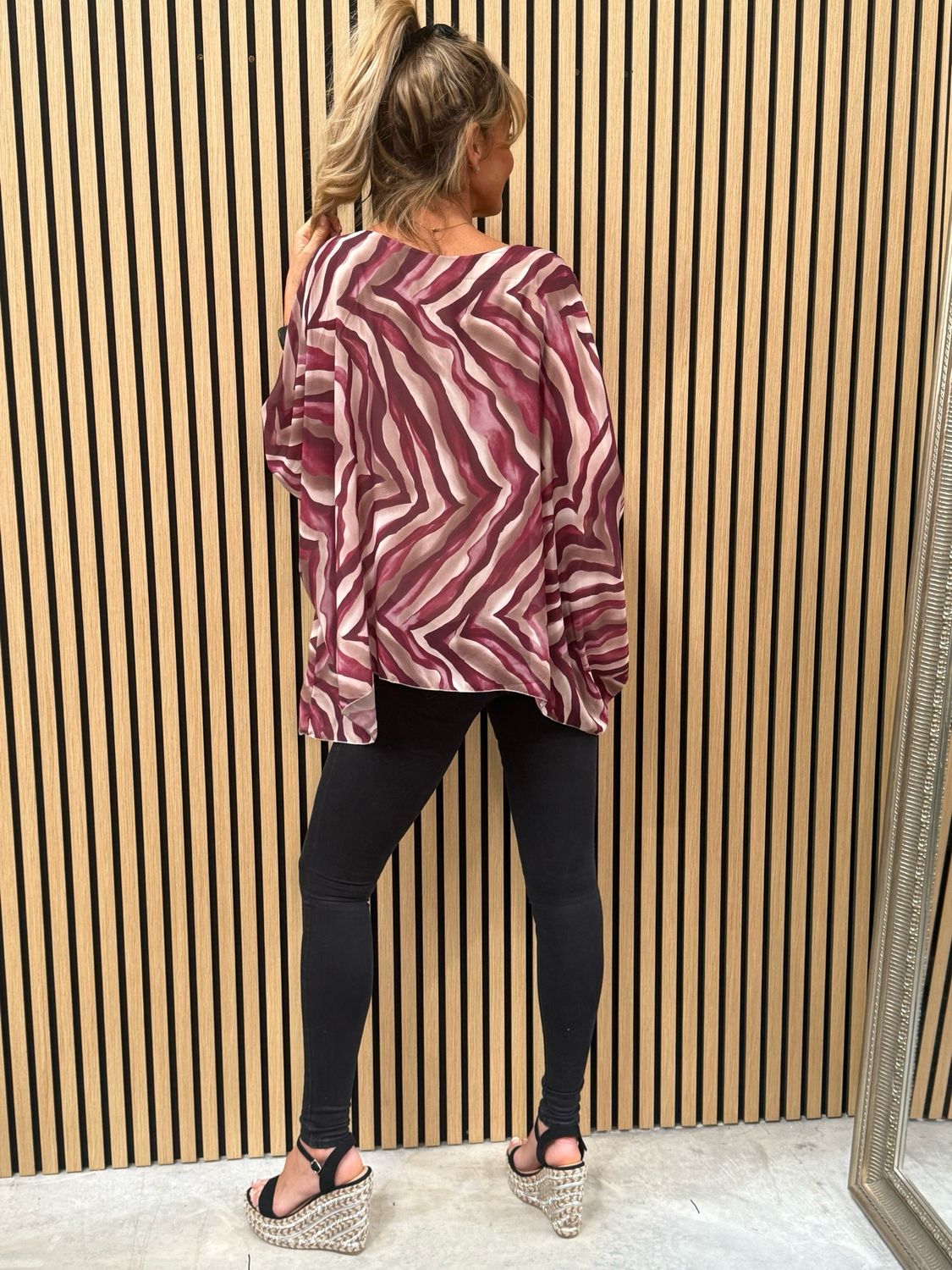 Serafina Flowing Layered Batwing Top Burgundy &amp; Taupe
