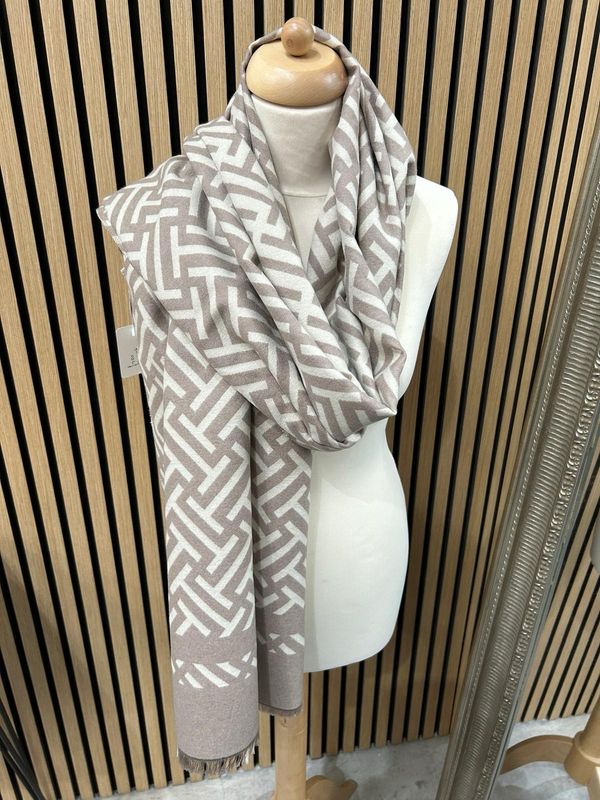 Taupe &amp; Cream Reversible Geometric Scarf