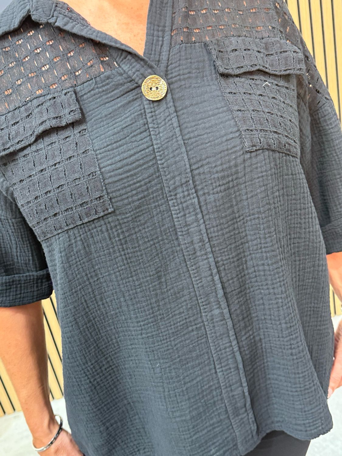 Lucia - Cotton Lace Panel Shirt Black