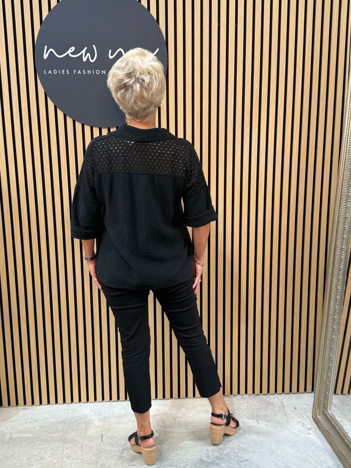 Lucia - Cotton Lace Panel Shirt Black