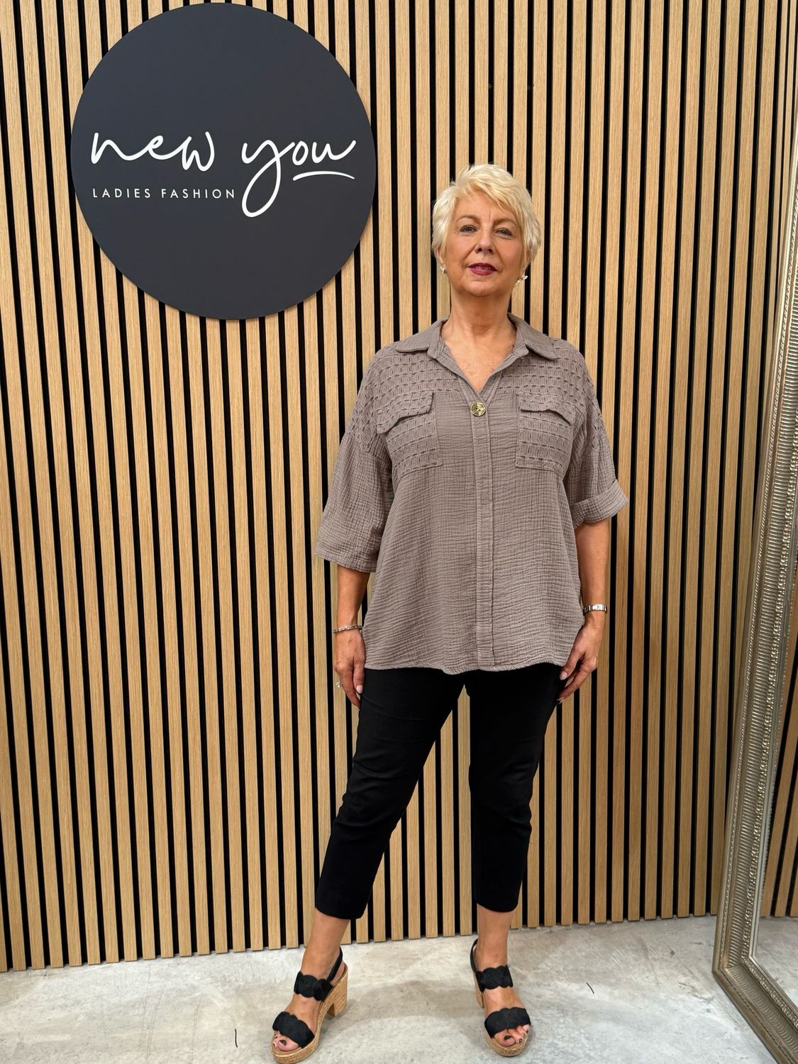 Lucia - Cotton Lace Panel Shirt Taupe