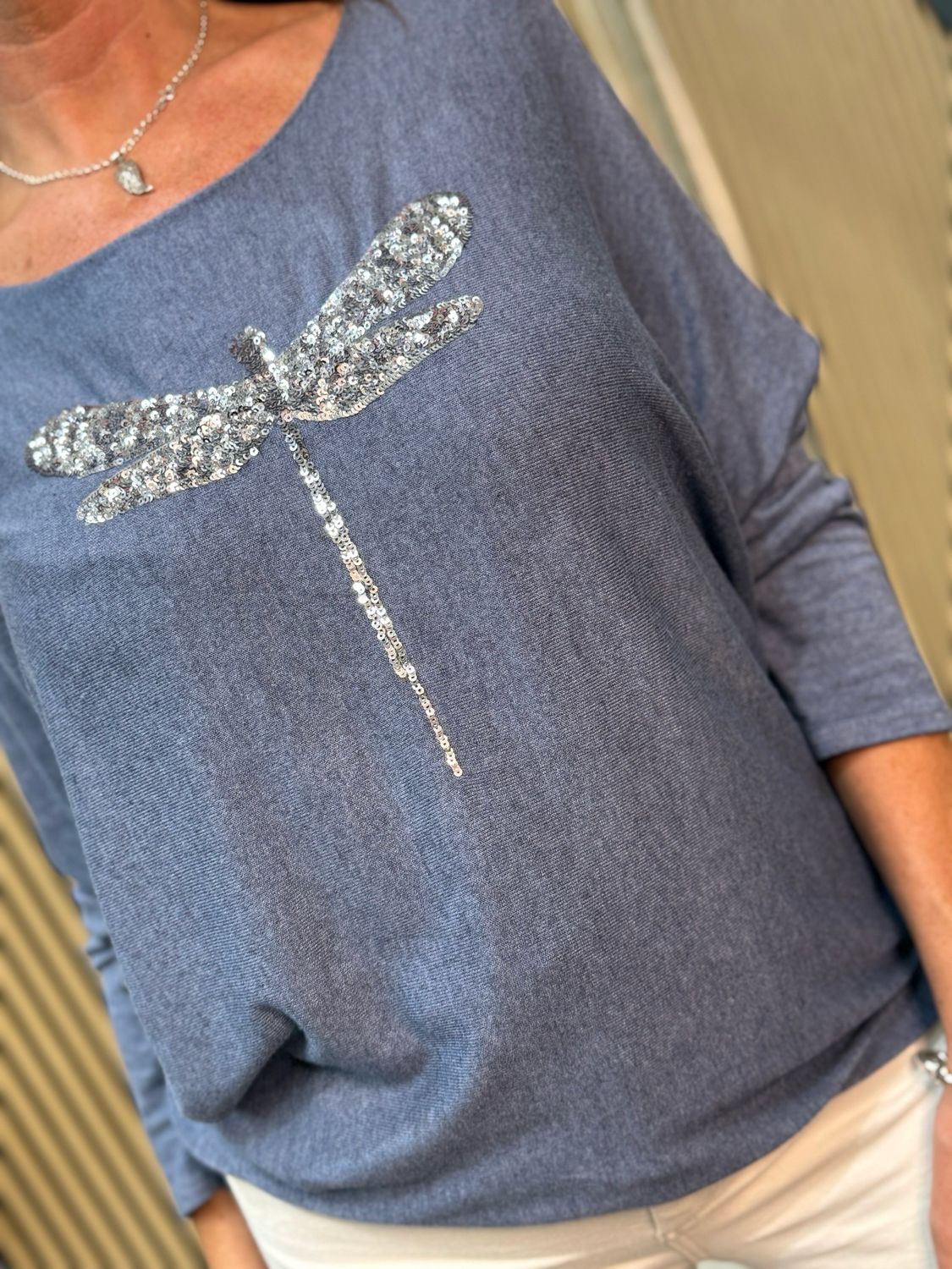 Sequin Dragonfly Knit Top Denim Blue
