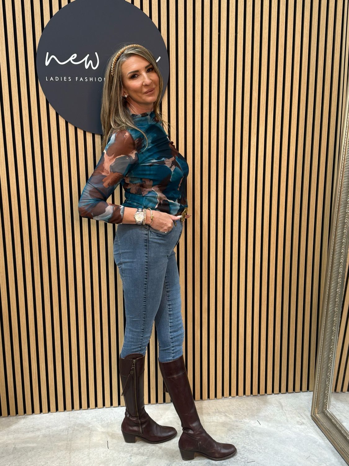 Abstract Print Mesh Top Turquoise