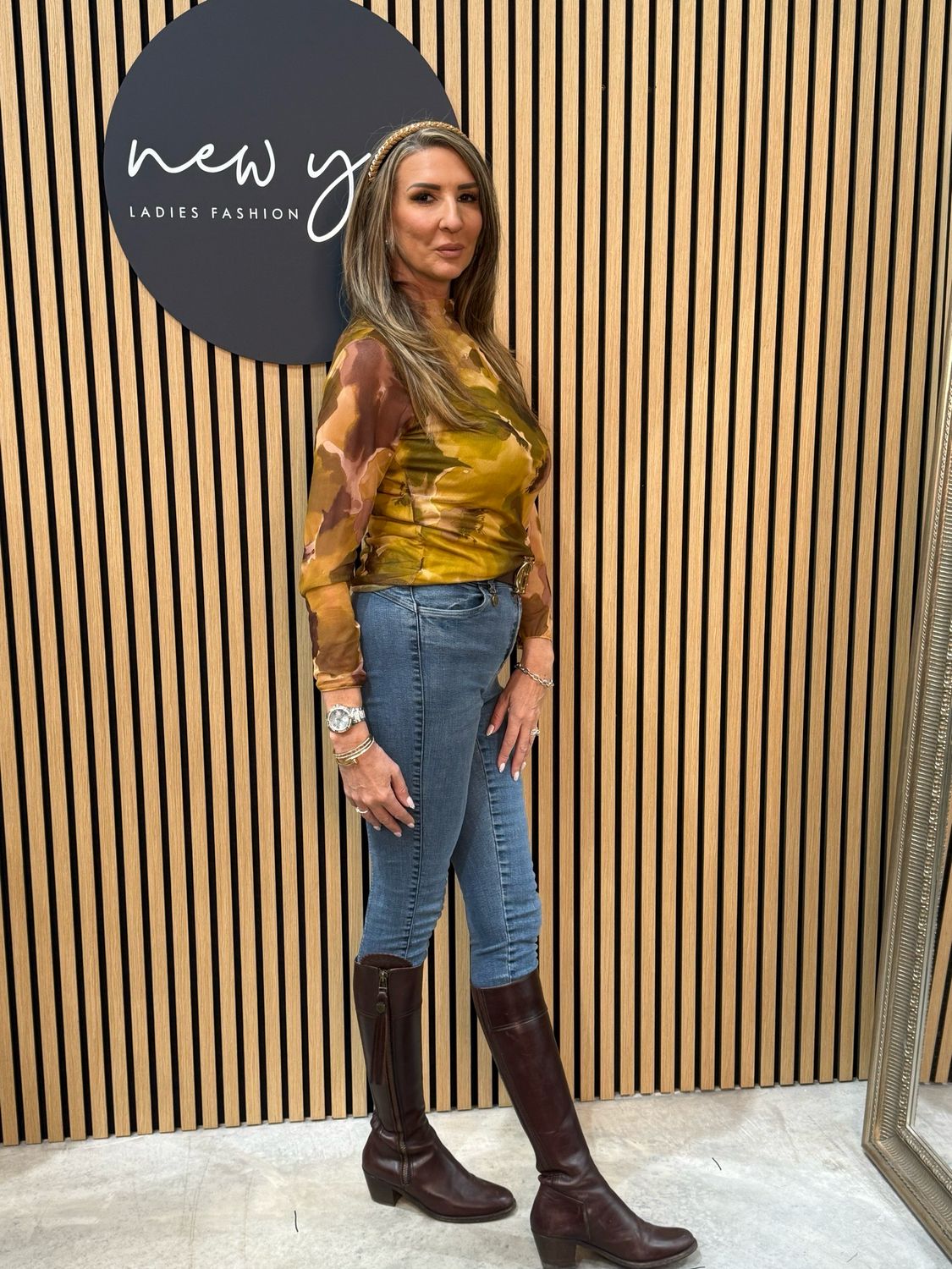 Abstract Print Mesh Top Mustard