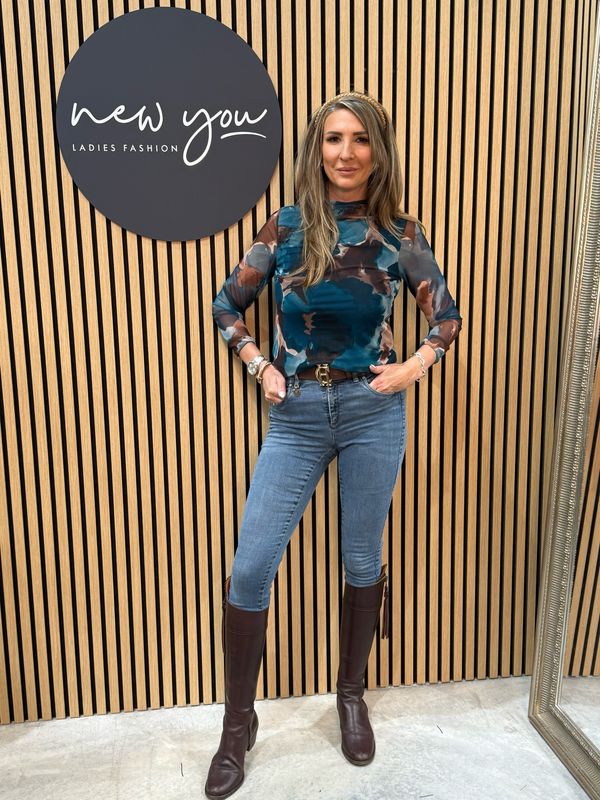 Abstract Print Mesh Top Turquoise