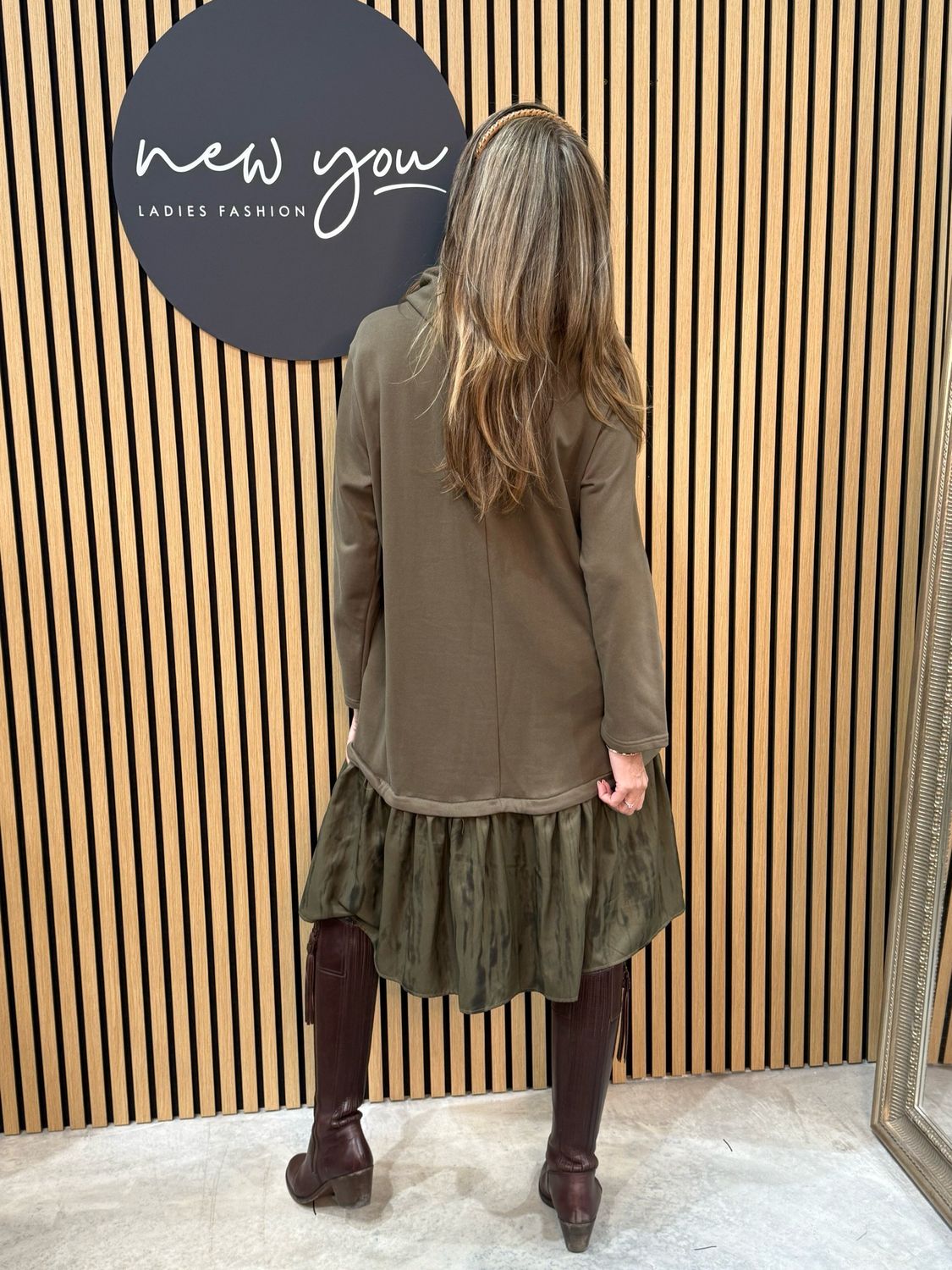 Khaki Contrast Hem Hoodie Dress