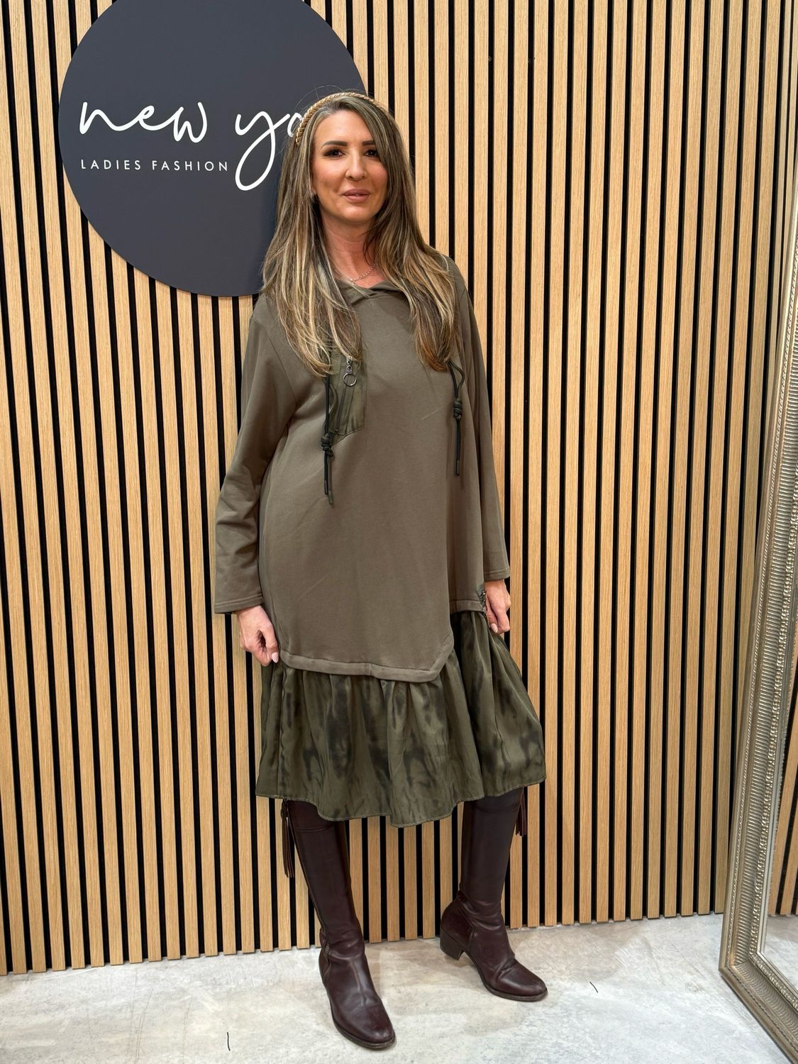 Khaki Contrast Hem Hoodie Dress