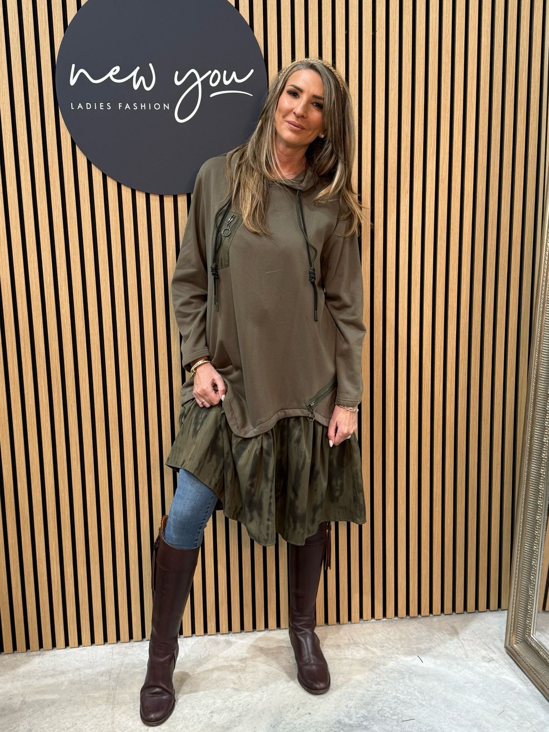 Khaki Contrast Hem Hoodie Dress